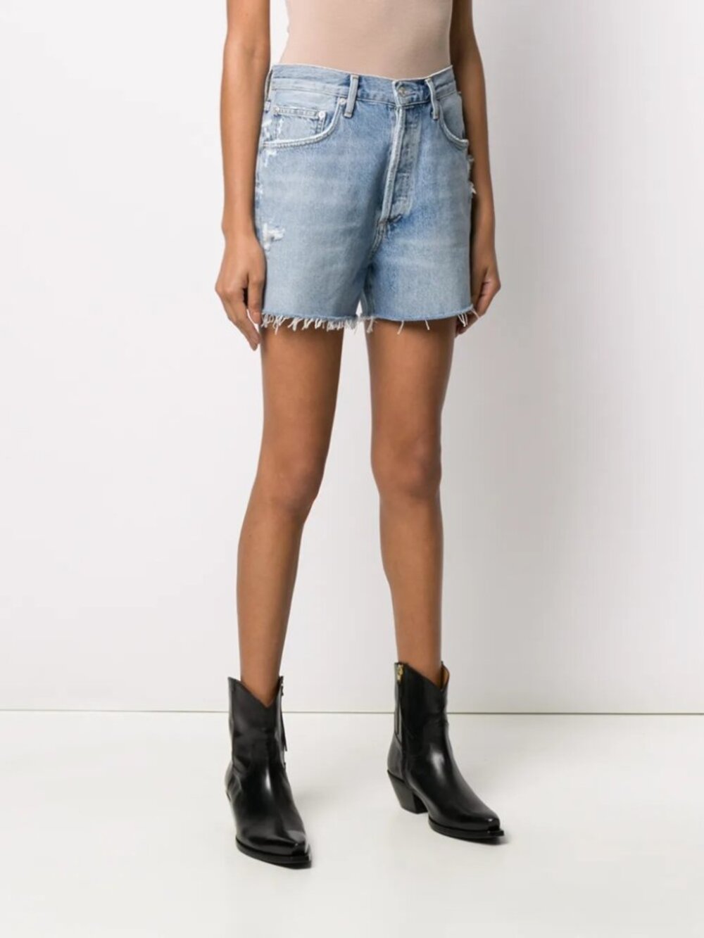 Agolde Parker Long Distressed Denim Cut Off Shorts Medium Wash Blue Size 23